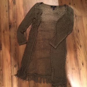 Small Forever 21 olive fringe crochet open sweater